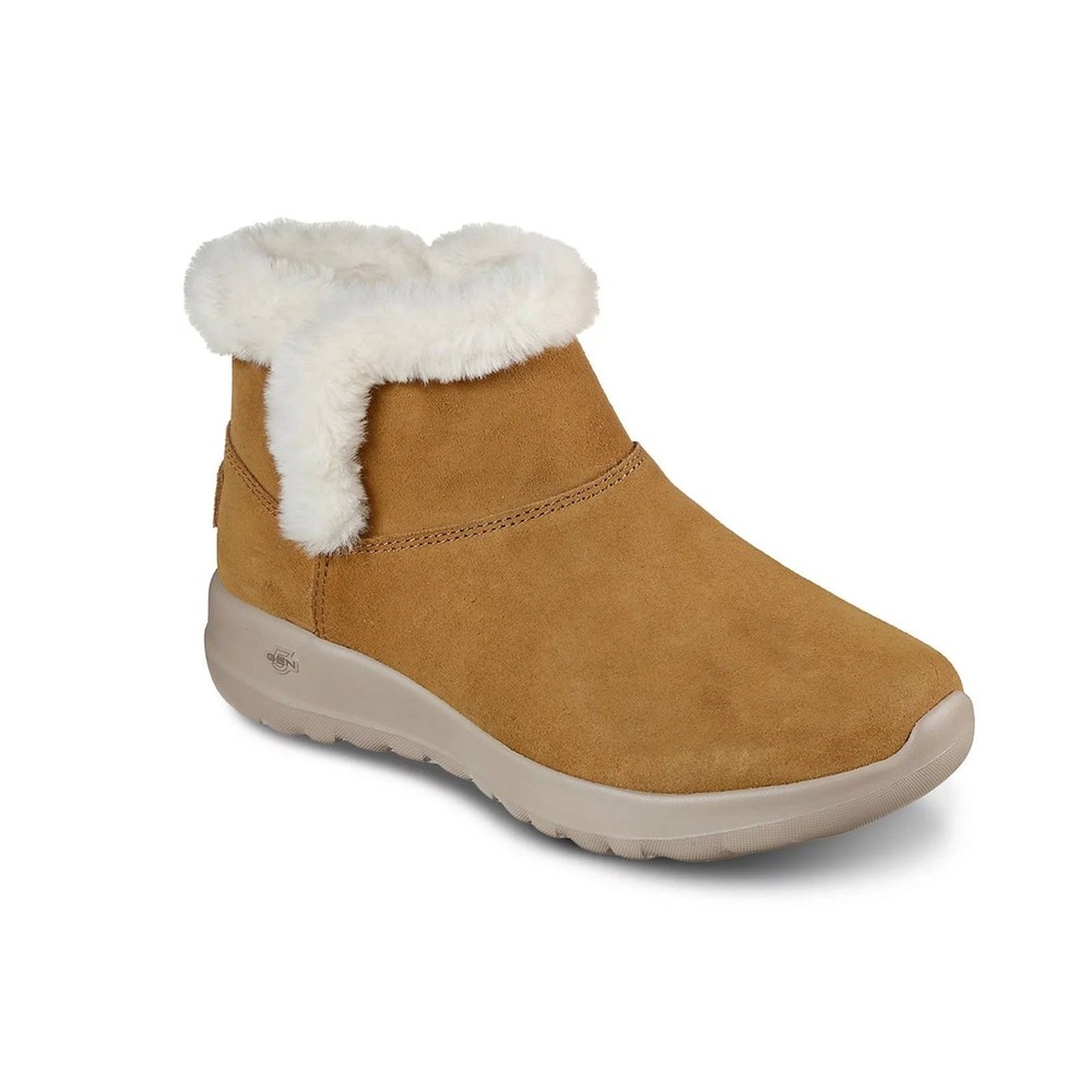 Skechers On the Go Joy Bundle Up Chestnut Suede Faux Fur Ankle Boots Womens 8.5